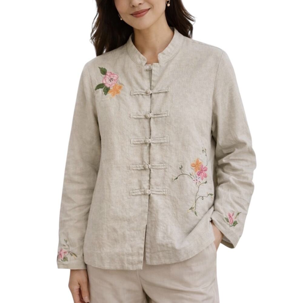 Relativity Embroidered Jacket 100% Linen Size Large Floral‎ Print